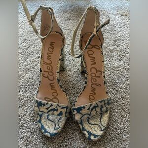 Sam Edelman Navy and Gold Floral Block Heel Sandals - never worn